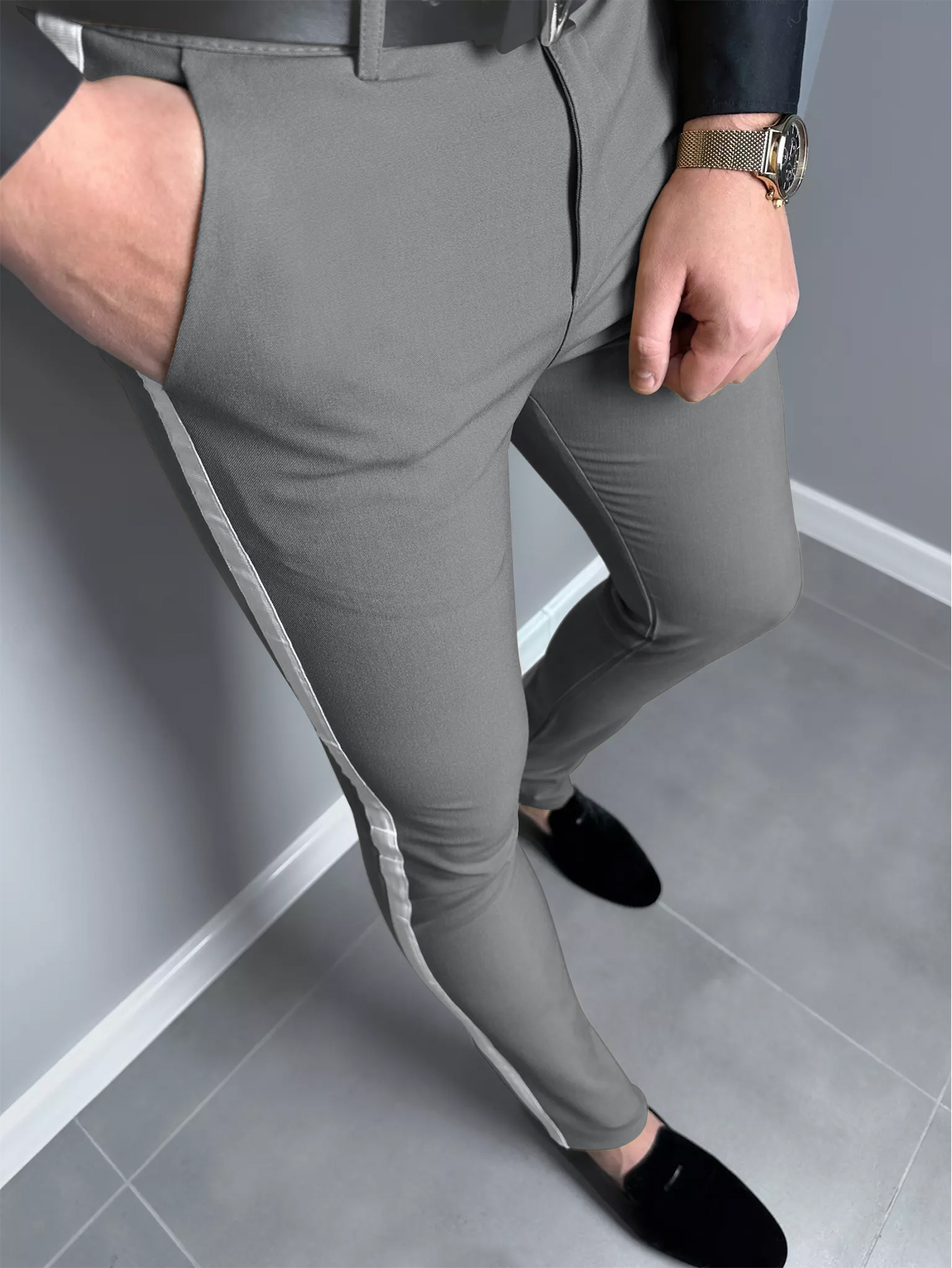 Fashion Light Business Men's Trousers Solid Color Splicing White Side Stripe Slim Pants Daily Versatile Traveling