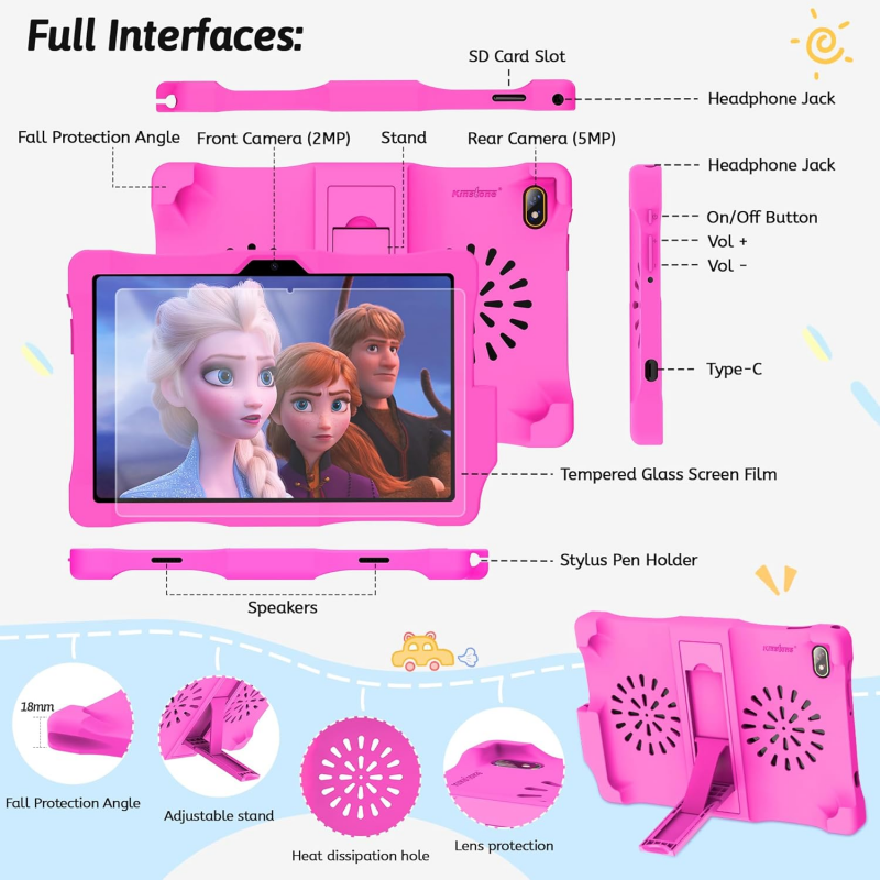 Kinstone 10,1" Android 12 Kinder-Tablet mit Augenschutz T310 Quad Core CPU 3 GB + 32 GB 1280 x 800 HD IPS 6000 mAh WiFi Bluetoo