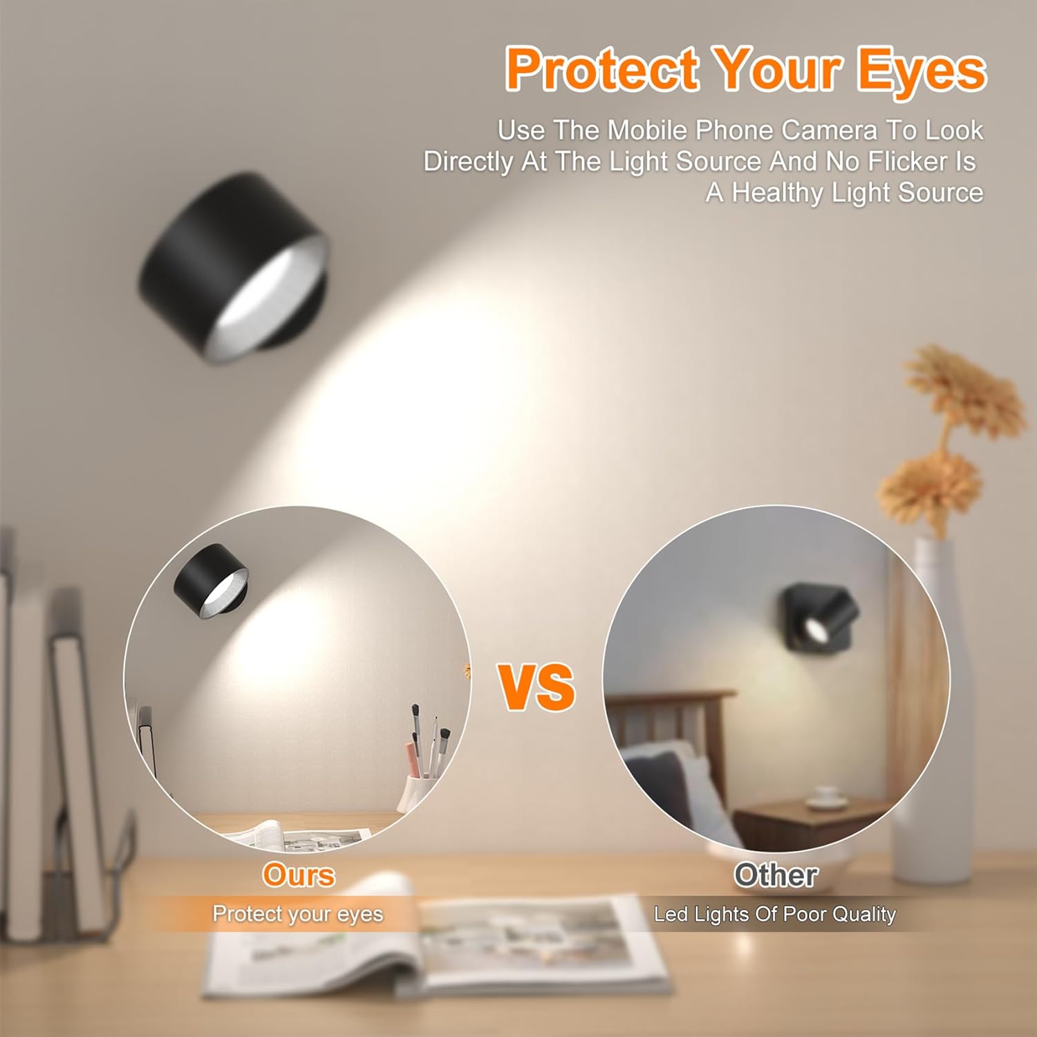 Aplique de pared de 2 piezas, luces con pilas, apliques de pared recargables, 360 °   Bola magnética de rotación libre y 3 niveles de brillo