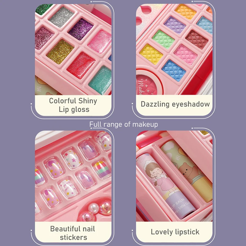 Kit de maquiagem lavável para meninas, kit de maquiagem Real Princess com estojo cosmético, Play Set, presente de aniversário para crianças, 49 PCs
