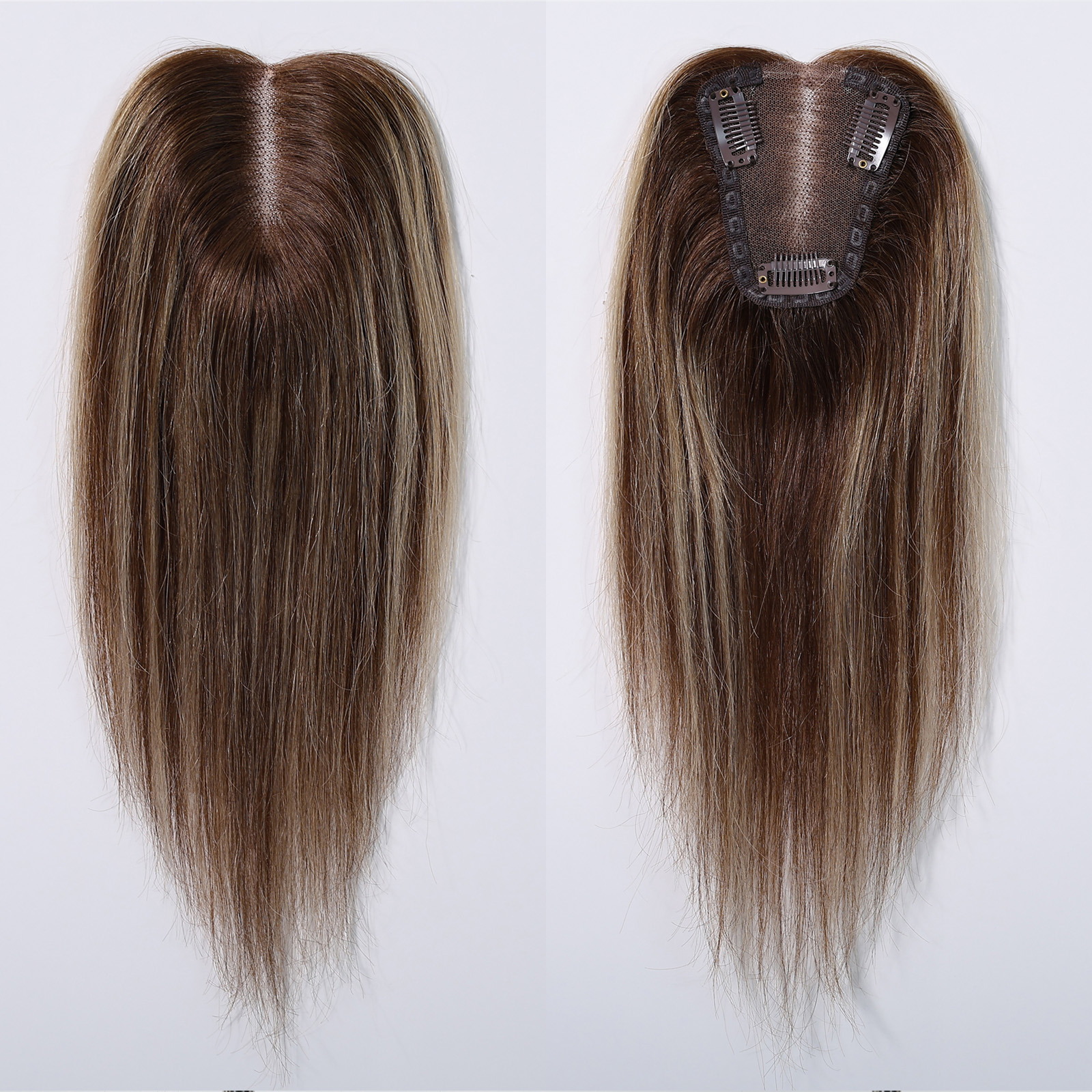 Toppers de cabelo humano loiro misto marrom, parte intermediária, 100% cabelo humano remy, base de renda reta, clipe em postiços para mulheres, perda de cabelo
