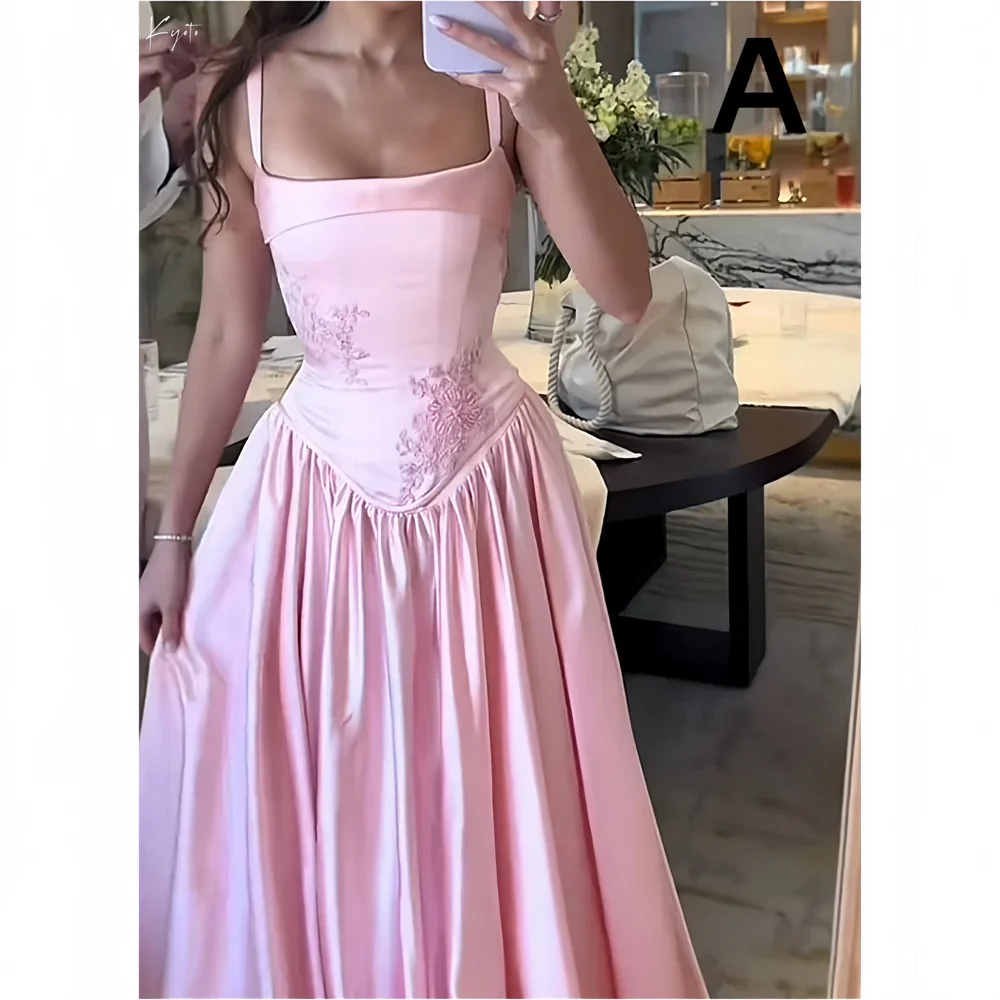 Kyoto personalizar rosa flor bordado vestidos de dama de honra cinta de espaguete plissados robe mariage invité rendas vestido de convidado de casamento