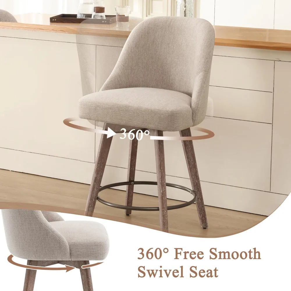 Counter Height Swivel Bar Stools Set of 3, Upholstered Fabric Barstools with Back and Thick Seat, Solid Wood Legs, 26" Modern