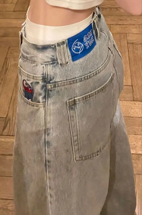 Retro Blue Baggy Skateboard Streetwear BigBoy Haft Loose High Waisted Jeans Y2K Couples Fashion Wysokiej jakości spodnie męskie