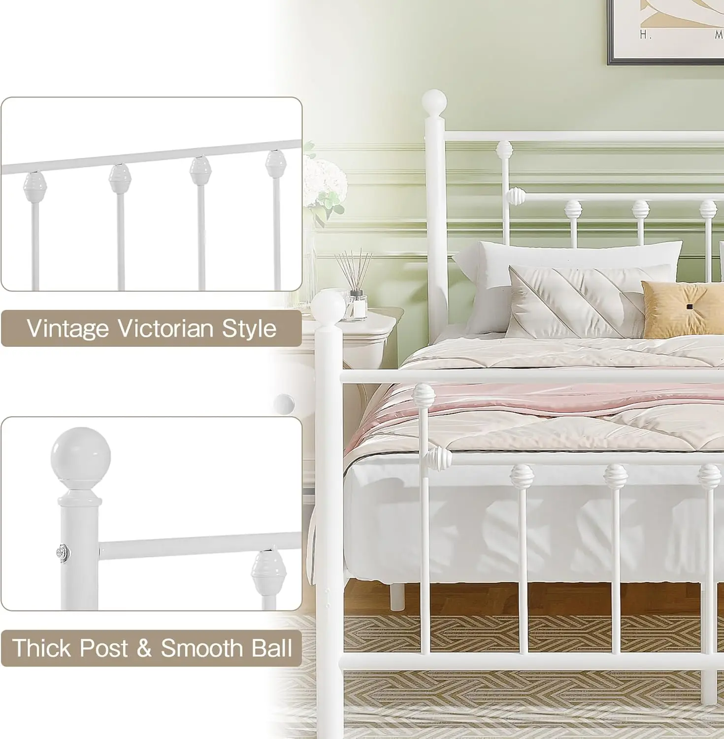 4ft6 Double Bed Frame, Metal Platform with Victorian Style Headboard, Heavy Duty Steel Slat Support, No Box Spring Needed
