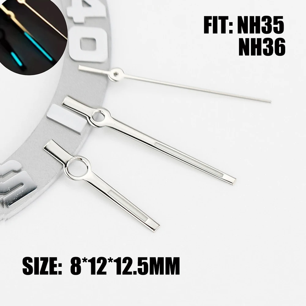 Agujas para libro de registro Nh35 NH36, manecillas plateadas pulidas, 8x12x12,5mm, estilo bastón, manecillas Datejust, manecillas de reloj C3, reemplazo luminoso azul
