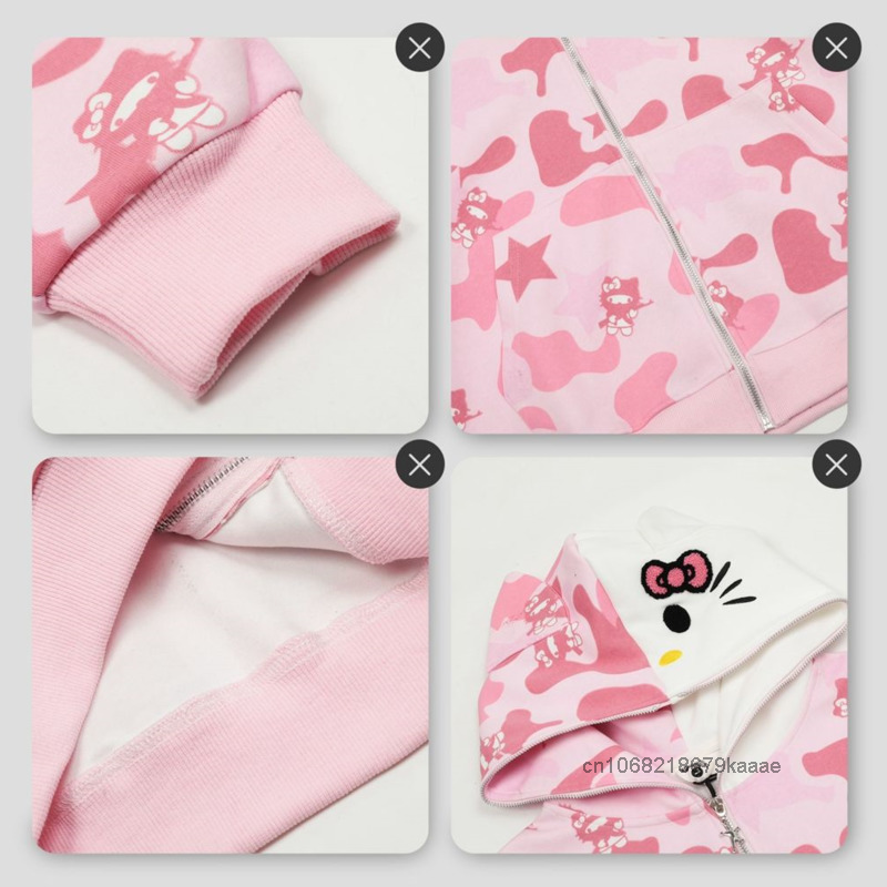 Sanrio Hello Kitty พิมพ์ลายพรางคลุมด้วยผ้าซิปคาร์ดิแกนผู้หญิงเทรนด์สไตล์ญี่ปุ่นเสื้อลําลองวินเทจหลวมเสื้อกันหนาวหมวกอเนกประสงค์