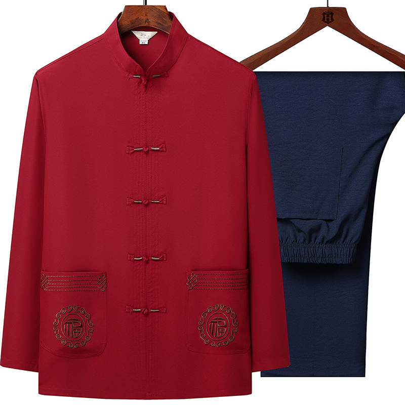 男性印刷中国風長袖シャツズボン綿 100% リネンシルク生地スポーツウェアメンズカジュアルセットシャツ + パンツ