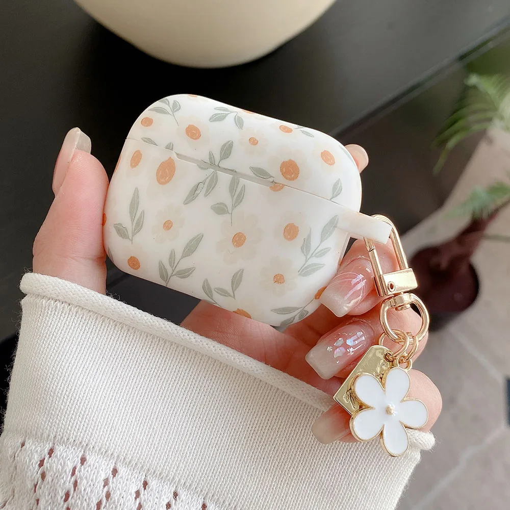 For Apple AirPods 4 ANC Flower Print Earphone Case For AirPods 2 3 Pro2 Silicone Soft Wireless Headphones Cover With Keychain