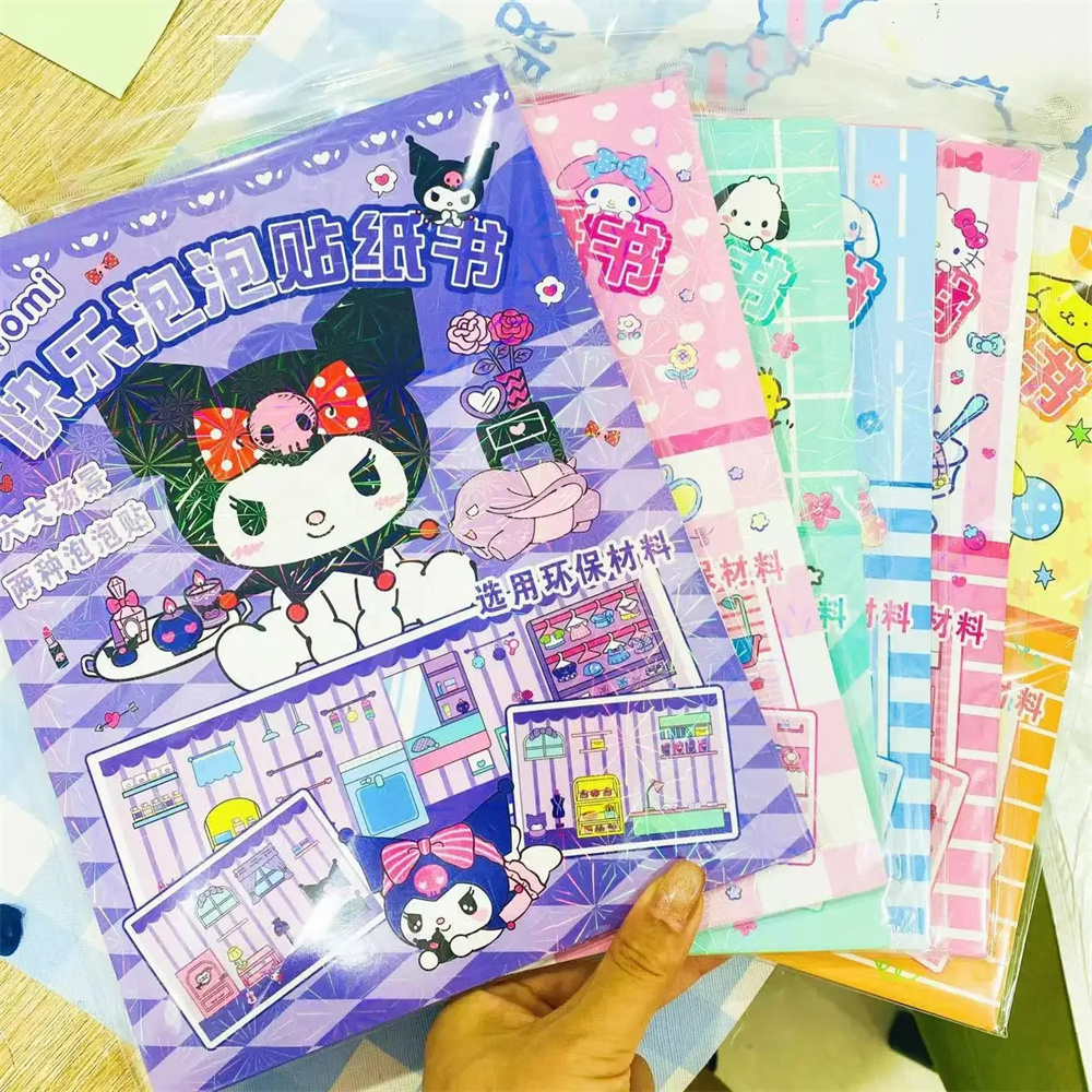 Sanrio livro silencioso bolha olá kitty cinnamoroll kuromi minha melodia pochacco brinquedo dos desenhos animados paisagem adesivo livro crianças brinquedos