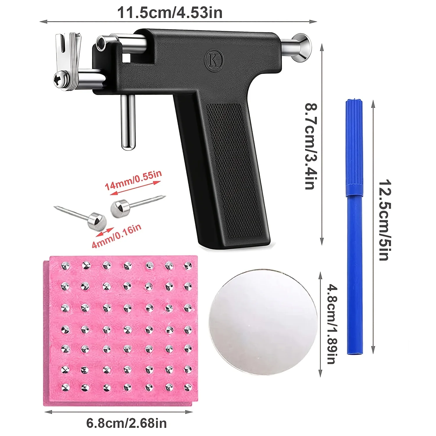 Juego de Herramientas de pistola profesional para Piercing de oreja, 98 piezas, tachuelas de acero para oreja, nariz, ombligo, cuerpo