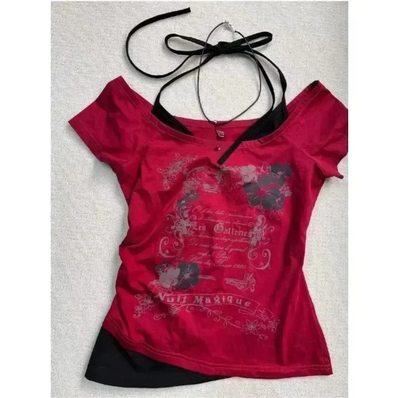 夏偽二枚ホルター包帯ヴィンテージ Tシャツ Y2k 美的スリムクロップトップス女性グランジプリント原宿カジュアルセクシーな Tシャツ