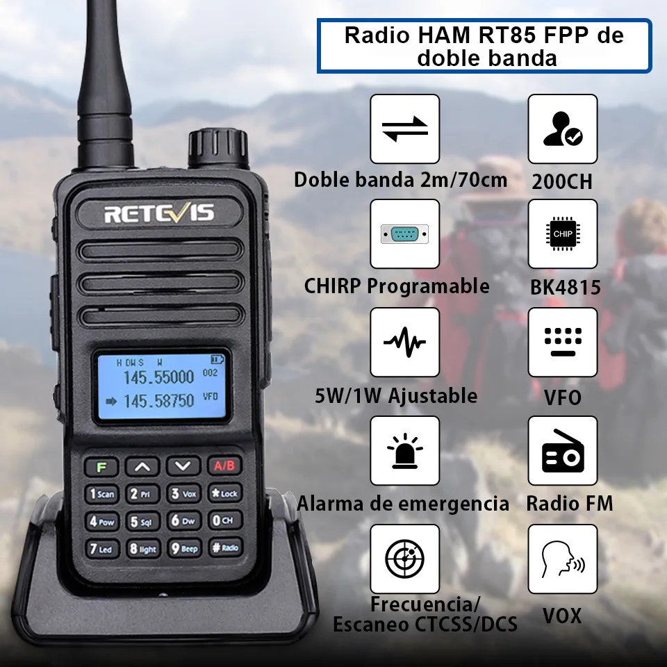 Retevis RT85 Walkie Talkie de largo alcance Ham estación de Radio bidireccional Walkie-talkies VHF UHF banda Dual Amateur Radio portátil senderismo
