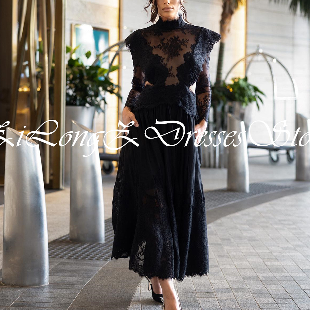 ที่กําหนดเองElegantคอสูงลูกไม้ชุดราตรีโมเดิร์นA-Lineแขนยาวชุดราตรีซิปด้านหลังชุดพิเศษ 2025