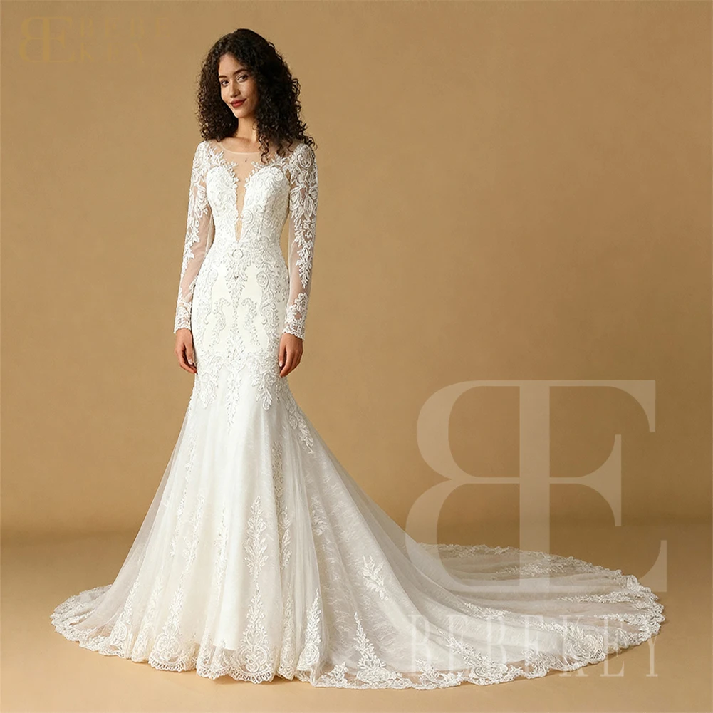 BEBEKEY Abito da sposa da donna in pizzo a maniche lunghe con scollo rotondo e strascico a cappella, abito a sirena per abito da festa di nozze