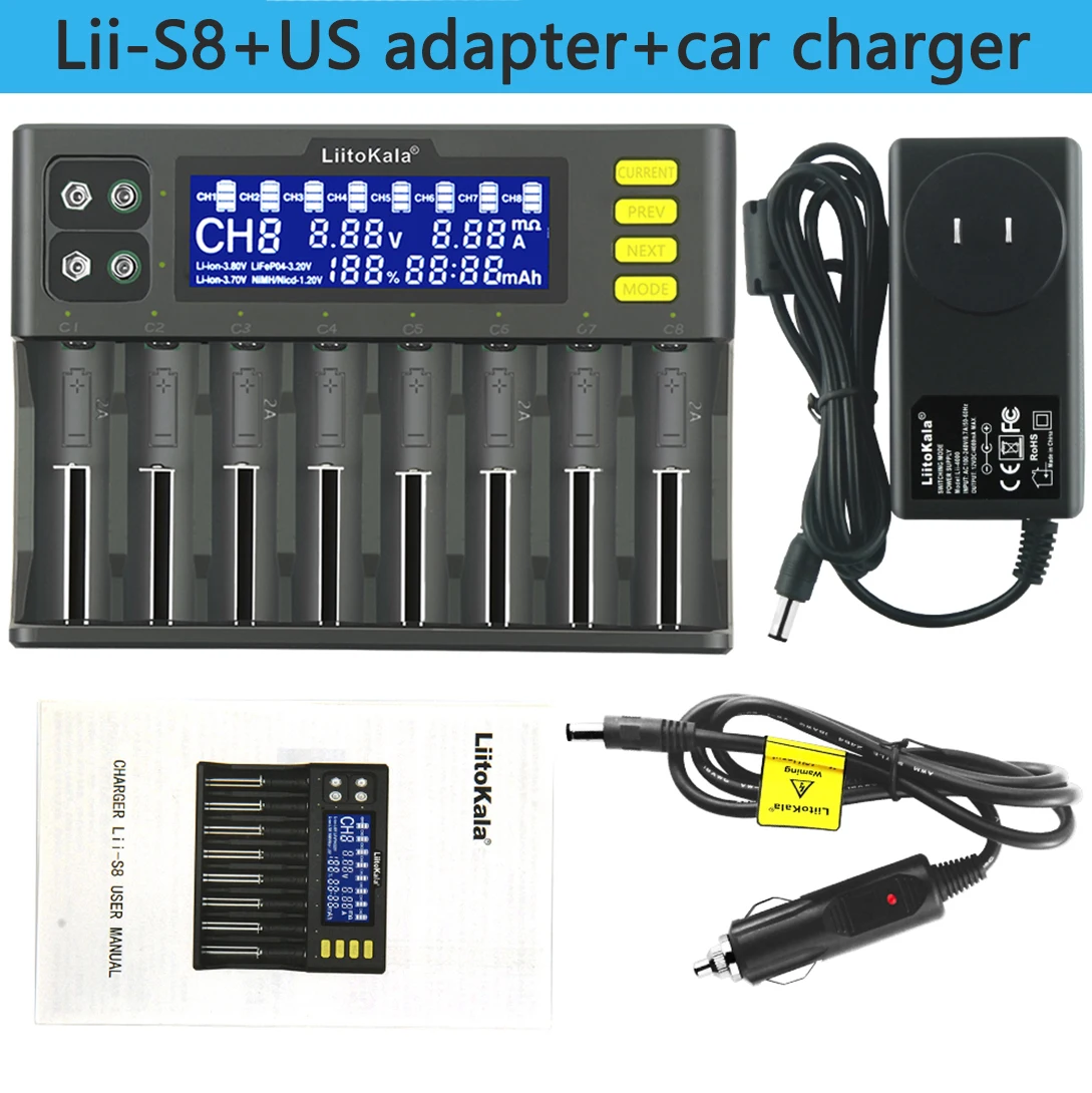 LiitoKala Lii-S8 LCD Universal Charger for 18650 26650 21700 26700 18350 AA AAA 9V Li-ion NiMH Li-FePO4 IMR Batteries 3.7V 1.2V