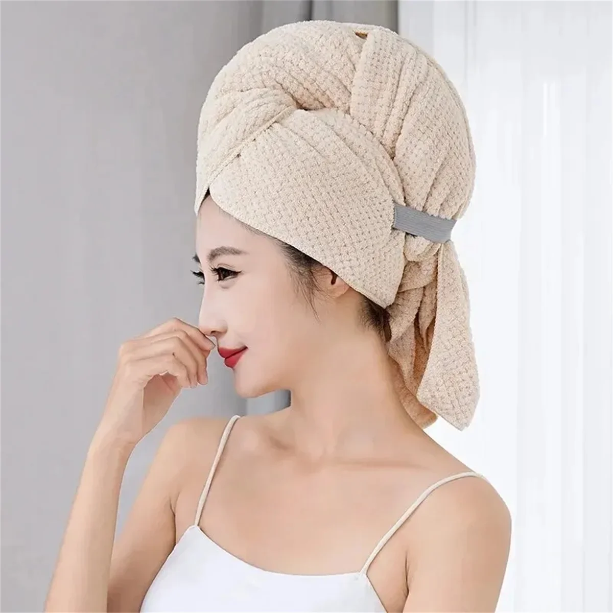 Toalha de cabeça com faixa elástica super absorvente, 60x100cm, para secagem de cabelo feminino, toalha de cabelo extra grande de microfibra com faixa de cabeça