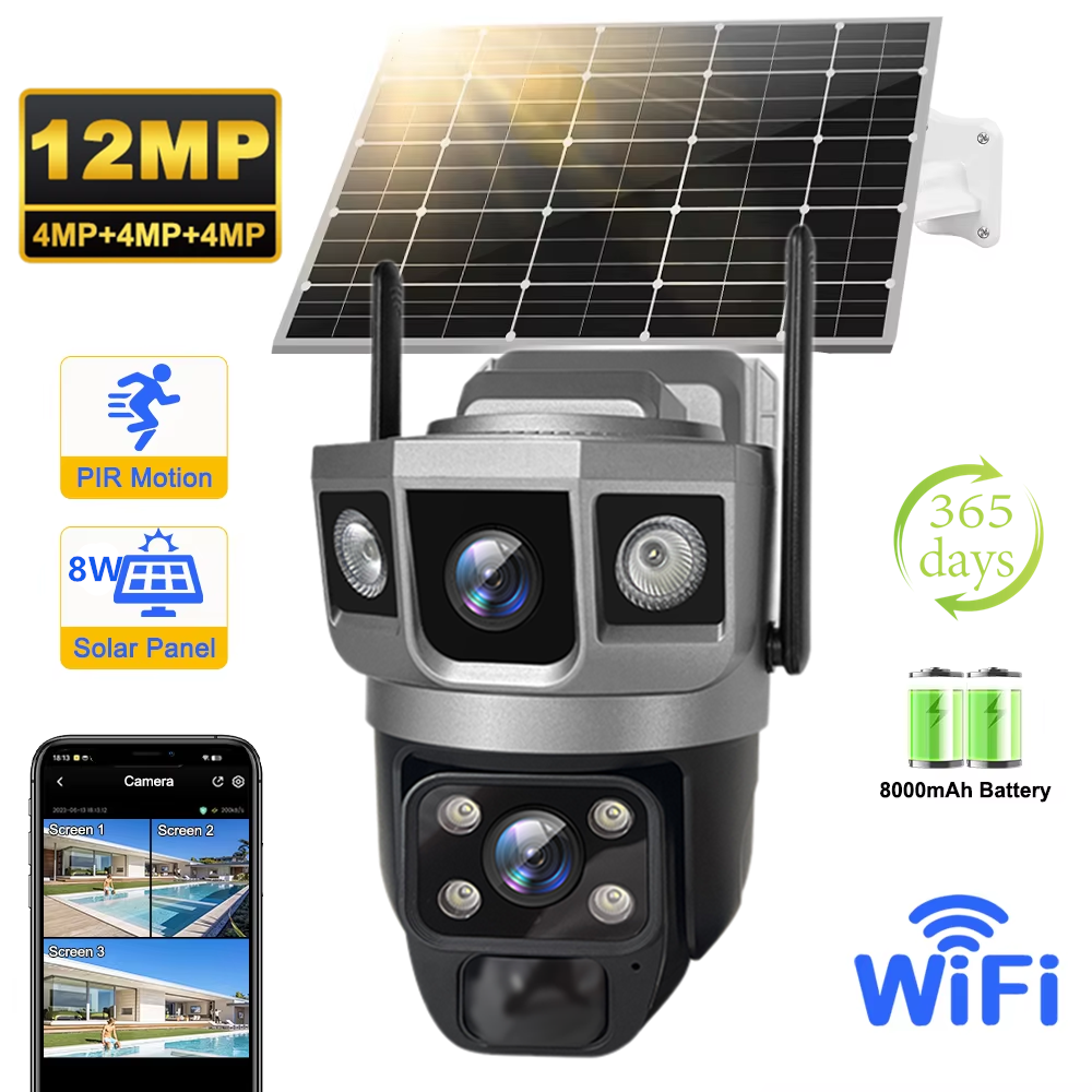 V380 Pro 12MP Solar WIFI IP Camera CCTV Due lenti Tre schermi Auto Tracking Telecamera PTZ di sorveglianza di sicurezza esterna 6K