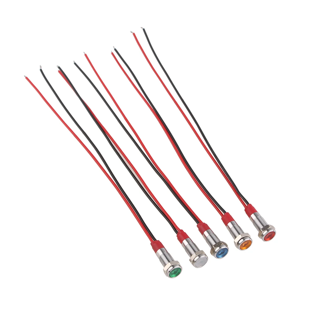 6 mm LED-Metallanzeigeleuchte, 6 mm wasserdichte Signallampe, 6 V, 12 V, 24 V, 220 V, Drähte verbinden, Messing-Nickel-Beschichtung, grün, rot, blau