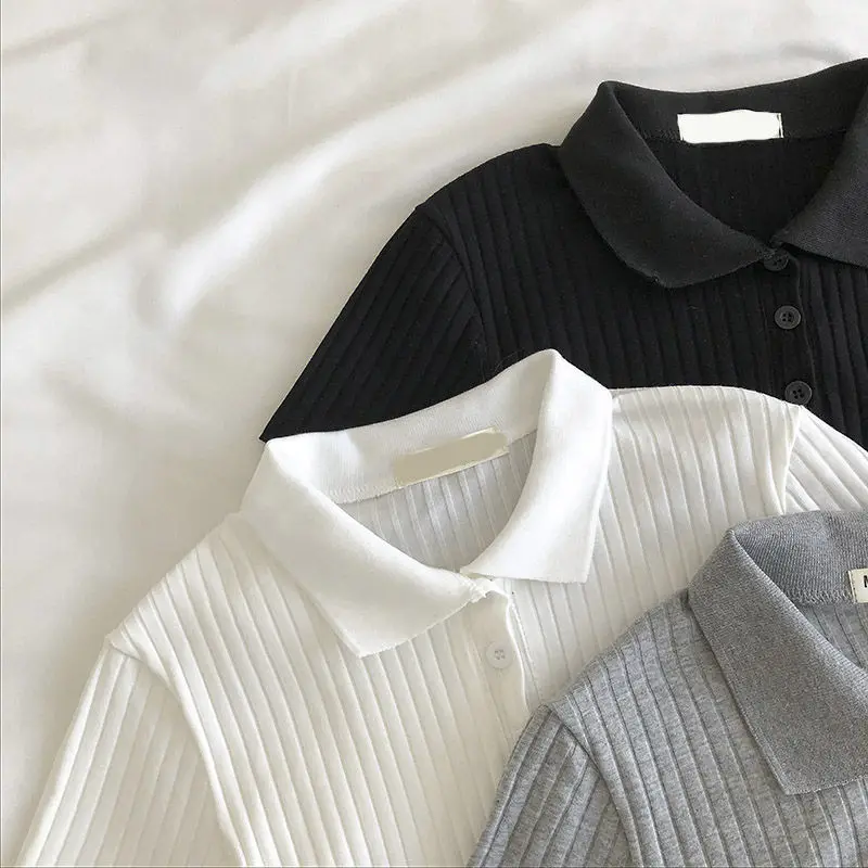 ผู้หญิงถักโปโลคอ Cropped เสื้อฤดูร้อนแขนสั้นอ่อนเยาว์สีทึบ Crop Top หญิง Basic เสื้อ Lady Pullover
