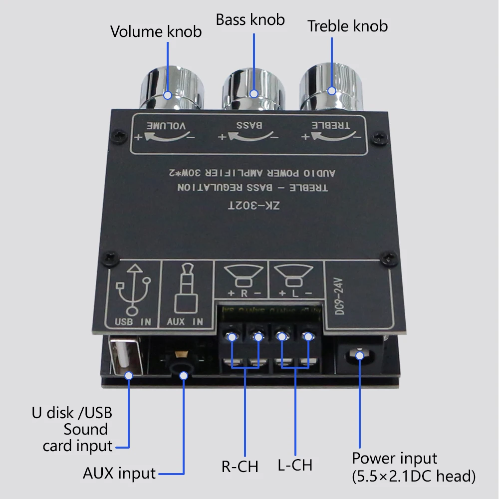Zk-302t BL Digitale Eindversterker Board Module 2.0 Stereo Dual Channel 30w + 30w Met Hoge En Lage Toon