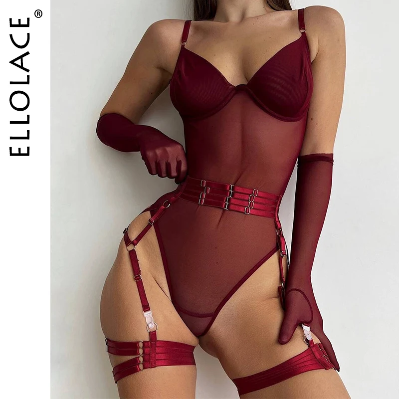 Ellolace-Body de encaje ajustado, cuerpo erótico transparente Sexy con guantes, Liga, traje de Club nocturno, Top de malla sin entrepierna