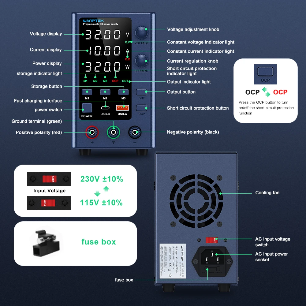 Wanptek 30V 10A Alimentatore da laboratorio 60V 5A 120V 3A Corrente di tensione regolabile con alimentatore CC da laboratorio a ricarica rapida USB