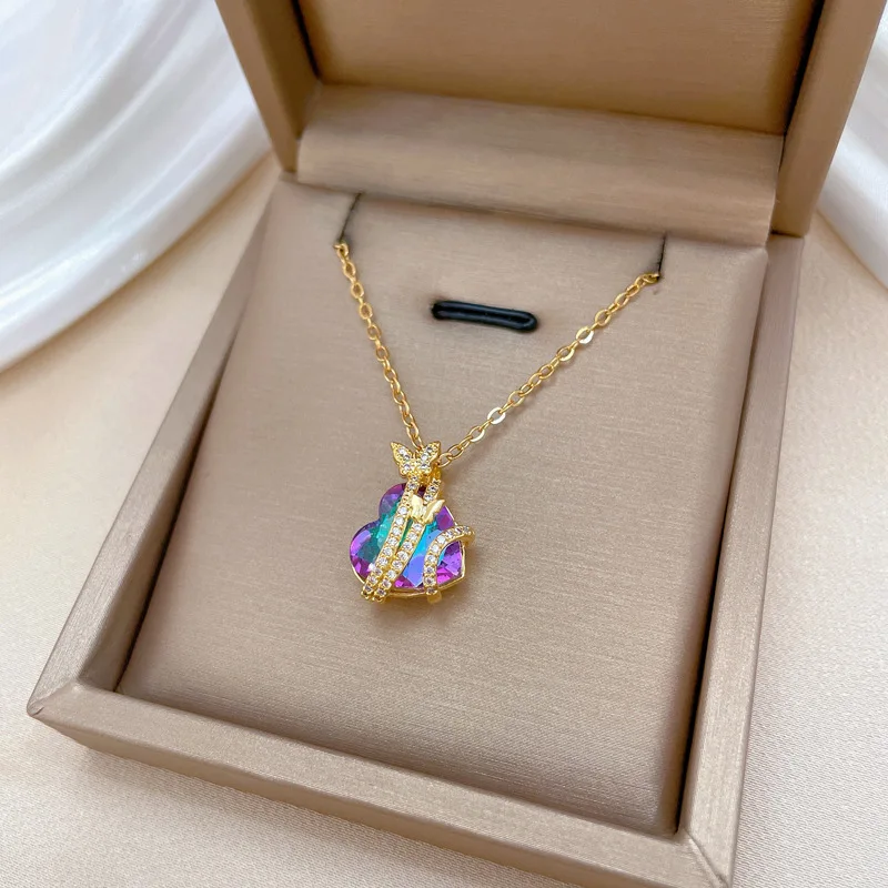 ZAKOL splendida collana con ciondolo a forma di cuore d'amore con zirconi colorati per le donne regalo di gioielli con catena al collo in acciaio inossidabile di moda