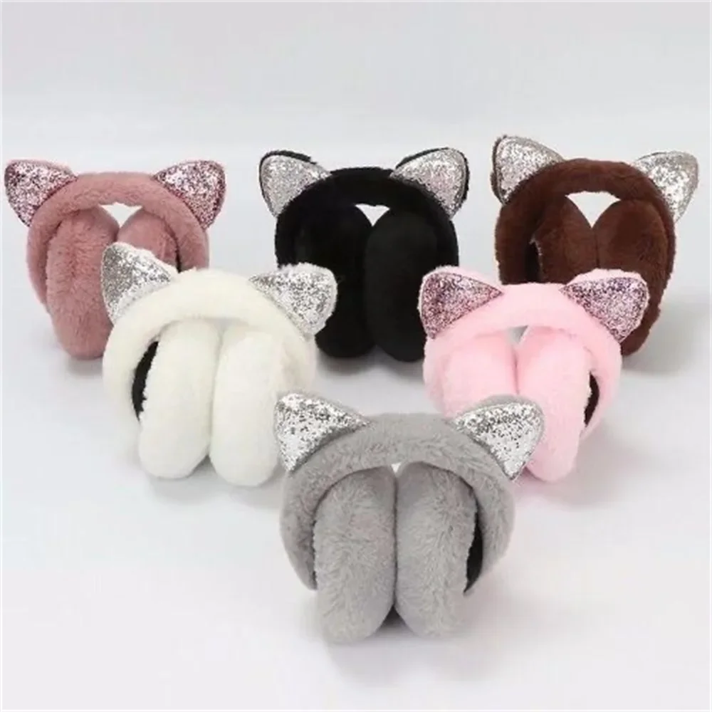 Orejeras de felpa cálidas para invierno, orejeras para mujeres y niños, protección para los oídos para montar en esquí, orejas de gato de dibujos animados, orejeras de piel de Cachemira suave