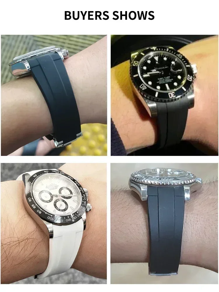 High Quality Black Green Red Blue White Colored Style Silicone Watchband Curved Interface for Rolex Datejust Submariner Strap