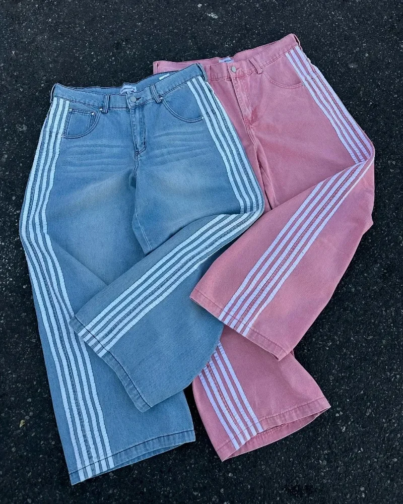 Y2k hoch taillierte Jeans Damen Harajuku Trend gestreifte Jeans mit geradem Bein Hip Hop Retro Streetwear Paar Baggy Hose mit weitem Bein