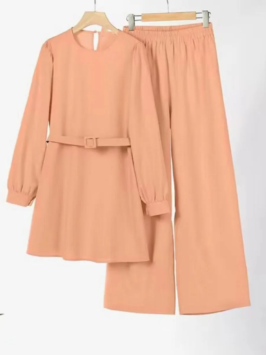 Conjunto de dos piezas musulmán Eid para mujer árabe, blusa con cordones y pantalón, conjunto musulman con cinturón, conjuntos a juego, camisa con botones, Abaya, Ramadán