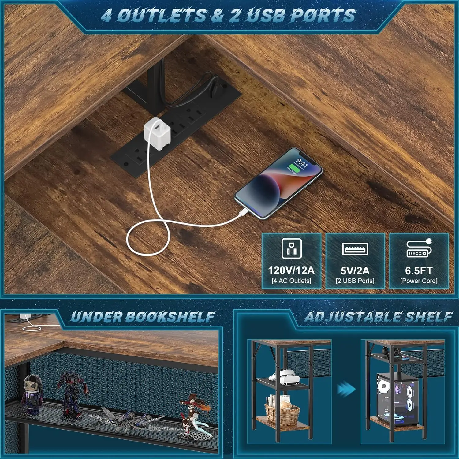 L Shaped Desk with LED Light and Power Outlet, Reversible Corner Computer Table with Monitor Stand and Storage Shelf, Modern L-
