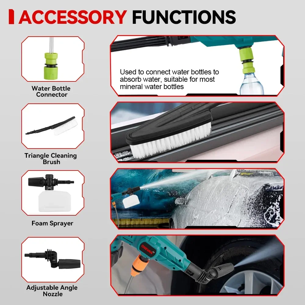 ONEVAN 200Bar 3500W Borstelloze Hogedruk Auto Wasmachine Pistool Draadloos Oplaadbare Auto Waspistool voor 21V 18V batterij Pins