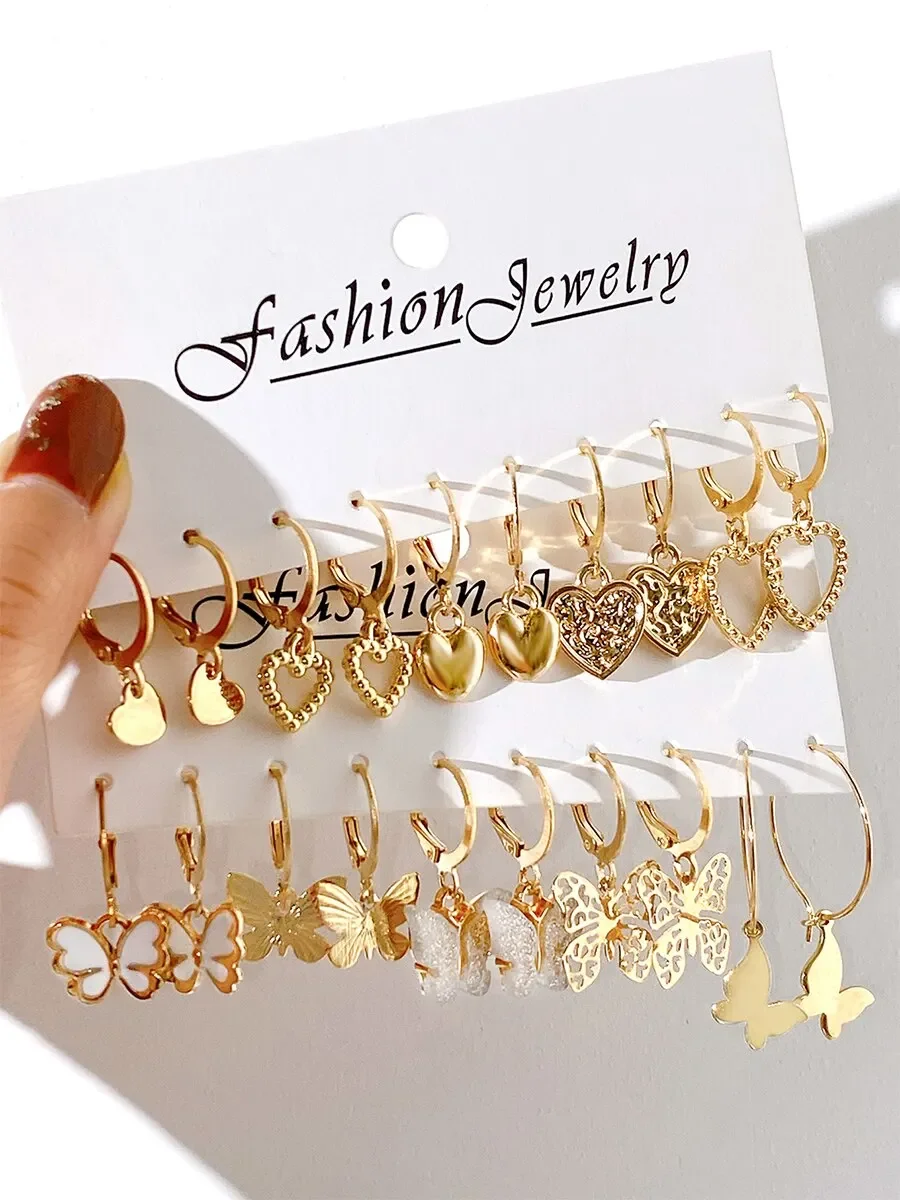 10 pezzi di orecchini semplici creativi color oro set per le donne moda temperamento scavato farfalla amore orecchini gioielli regali