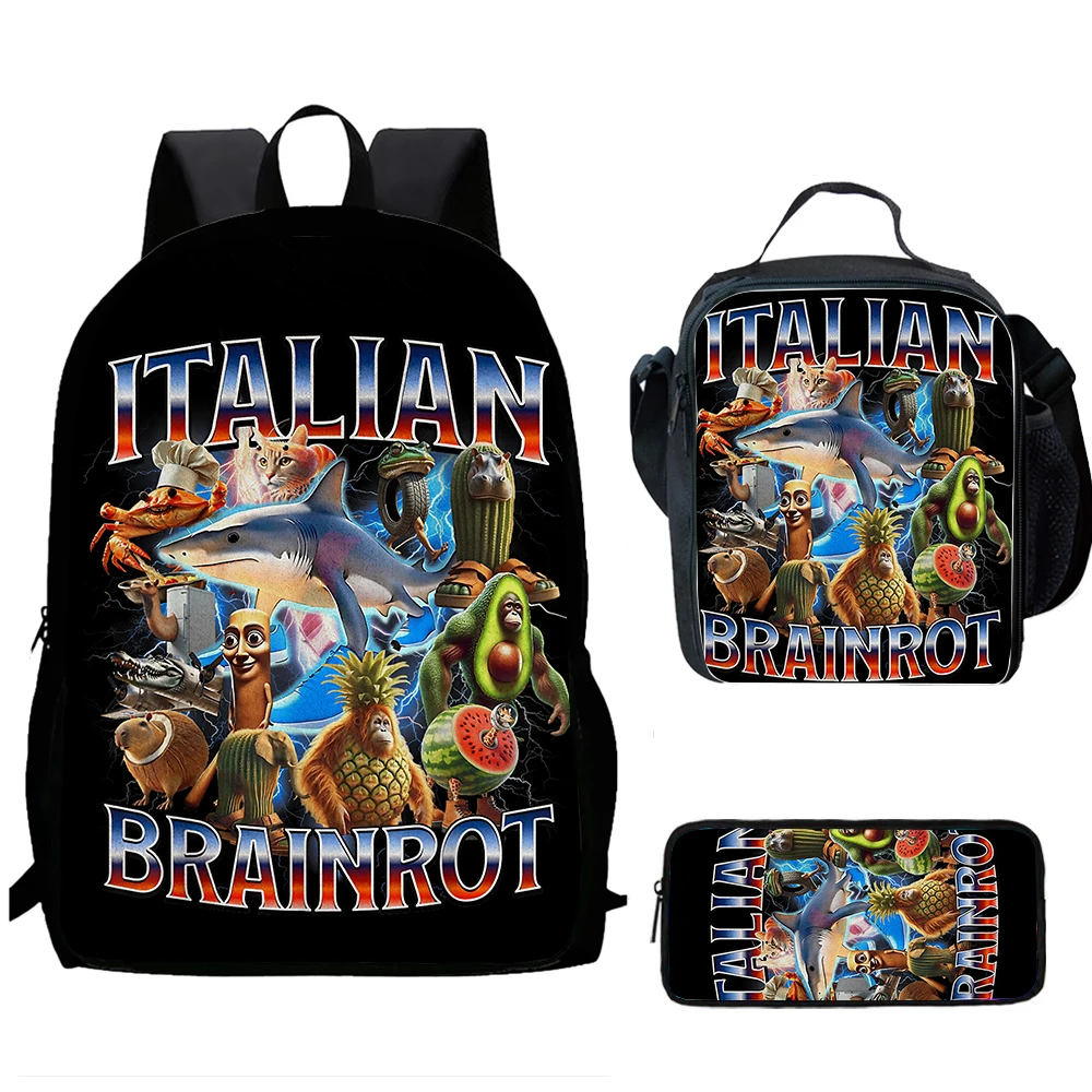I-Italian Brainrot Stampa 1/3 pezzi Zaino Borsa da scuola per cartoni animati per ragazzo ragazza con borsa per il pranzo Zaino per matite per zaino per bambini