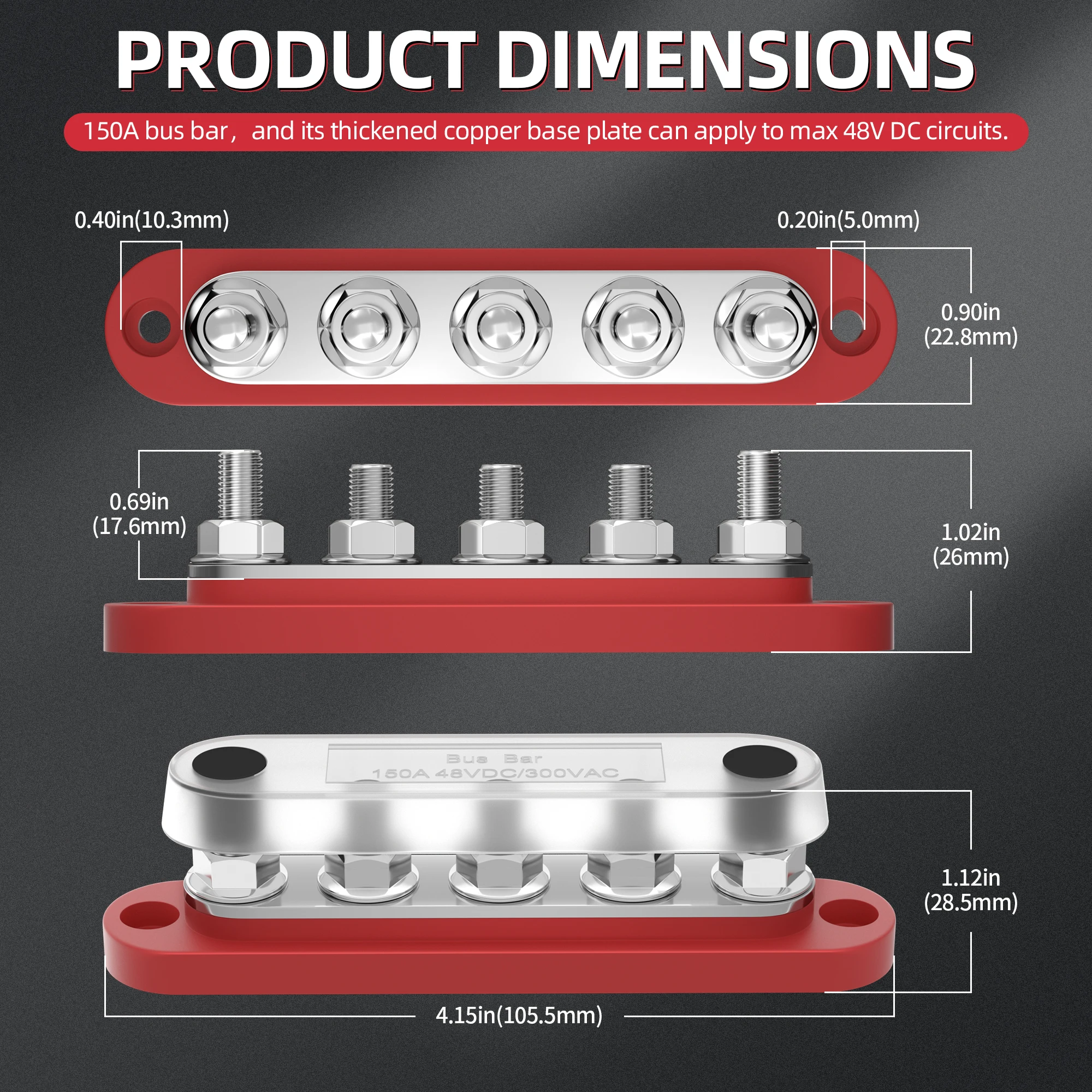 DaierTek Bus Bar 12V Bloco de distribuição de energia com tampa 5 x 1/4" Studs Terminal Block Max 150A 48VDC Positivo Negativo para Auto
