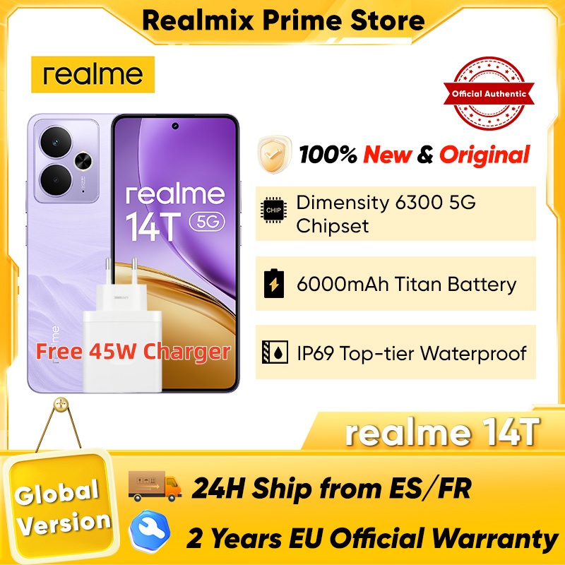 Wereldwijde versie realme 14T 5G-smartphone MediaTek Dimensity 6300 6,67” OLED-scherm 6000mAh batterij Volgende AI IP69 waterdichtheid