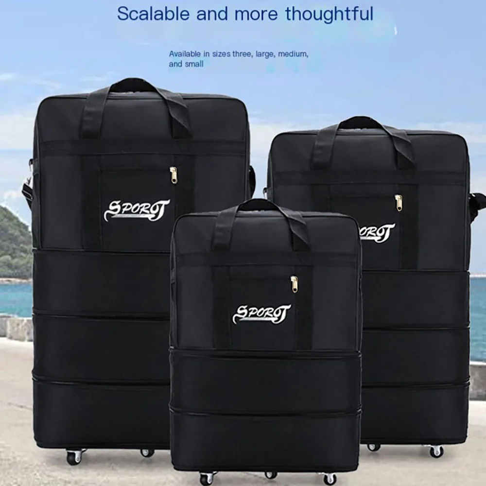Travelling Pack Wheels für Damen und Herren, erweiterbares, faltbares Trolley-Gepäck, vielseitiger schwarzer Koffer für Wochenendausflüge