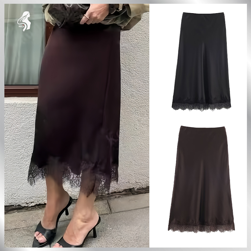 Новинка 2023 года, осенняя женская модная юбка средней длины с кружевной строчкой, подходящая для весенне-осенней одежды и свиданий Trafizaran