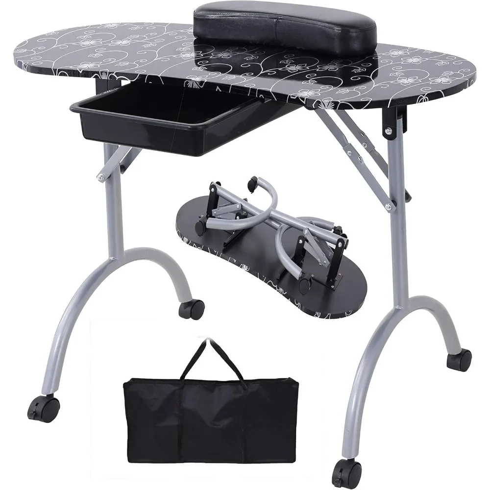30" H Manicure Nail Table, Portable & Foldable Nail Desk Workstation with Large Drawer/Client Wrist Pad/Lockable Rolling Wheels