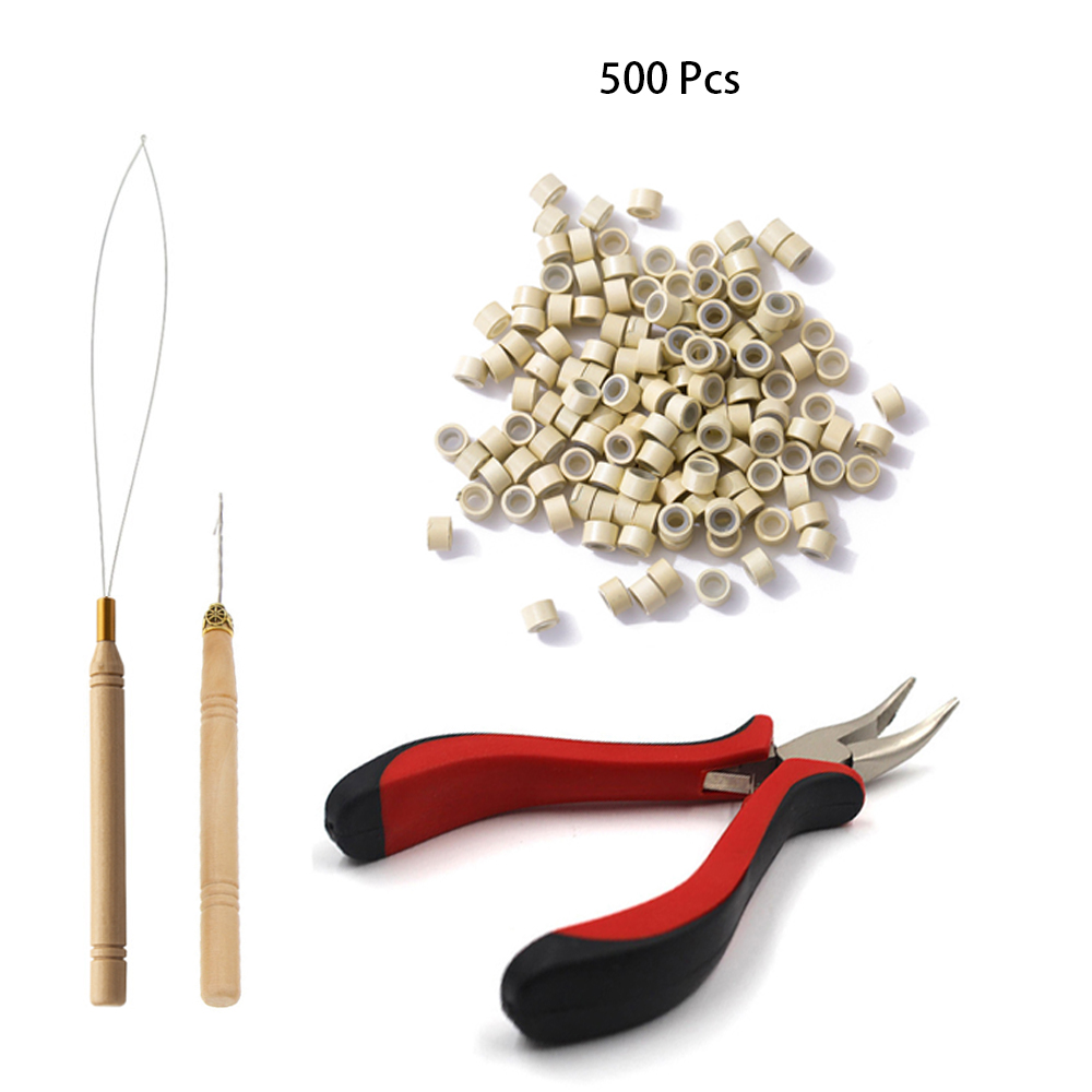 Werkzeugset für Haarverlängerungen, 500 Stück, Schwarz, Dunkelbraun, Hellbraun, Gold, Mikroringperlen, 1 Mikroperlen, Zange, 1 Haken, Nadelziehen