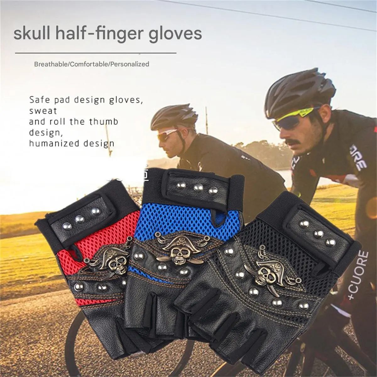 Luvas sem dedos de couro PU, luvas de rebite de caveira masculina e feminina, capitão pirata, luvas de fitness hip-hop, motocicleta ha