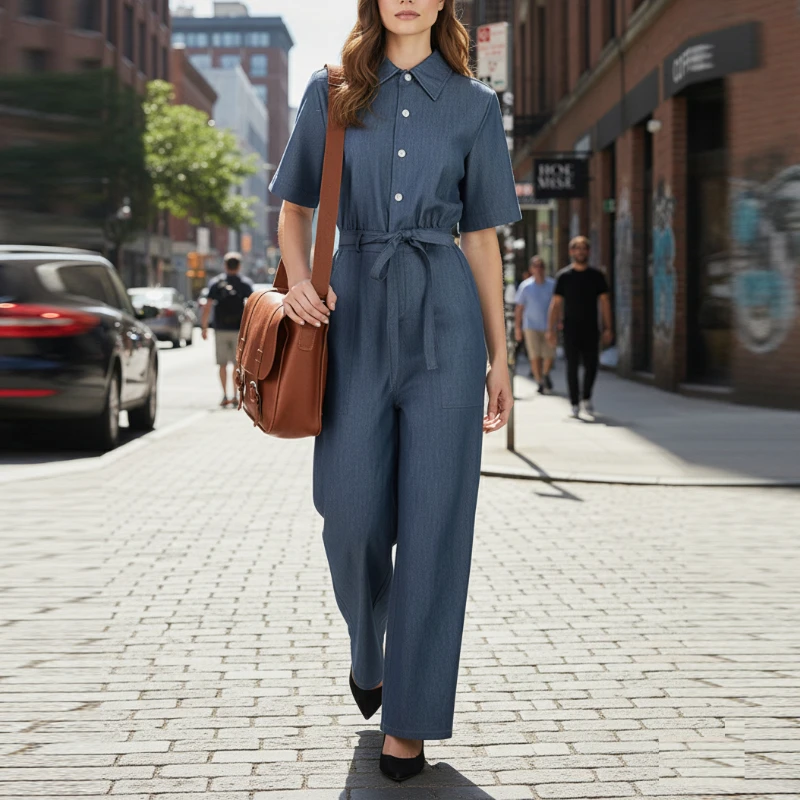 Modigirl blauwe dames jumpsuit met korte mouwen, zomer, originele creatie, button-down wijde pijpen, lange broek, rompertjes met zakken