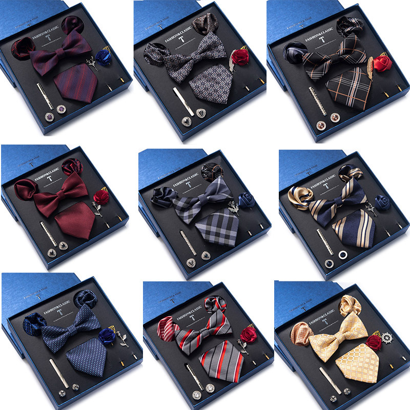 ยี่ห้อใหม่ล่าสุดออกแบบผ้าไหมชุดผ้าเช็ดหน้า Pocket Squares Cufflink Bow Tie คลิปเนคไทชุดธุรกิจงานแต่งงานชุดของขวัญกล่อง