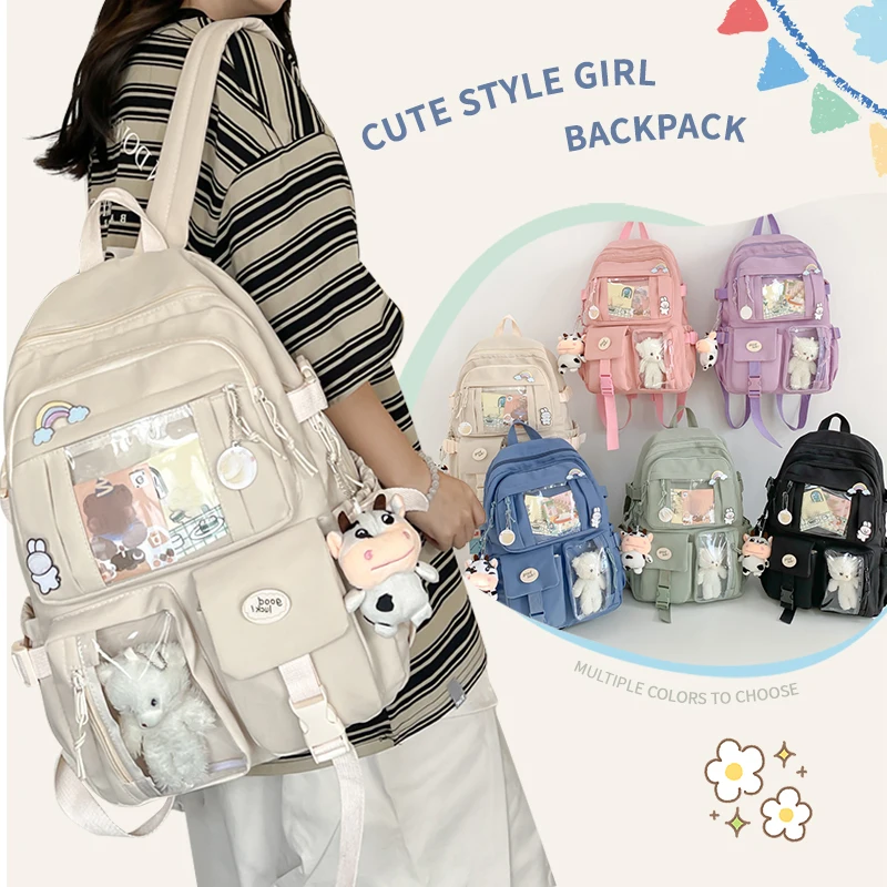 Nuovo simpatico zaino in nylon per ragazze, studentesse e donne, borsa da scuola multitasche per studenti