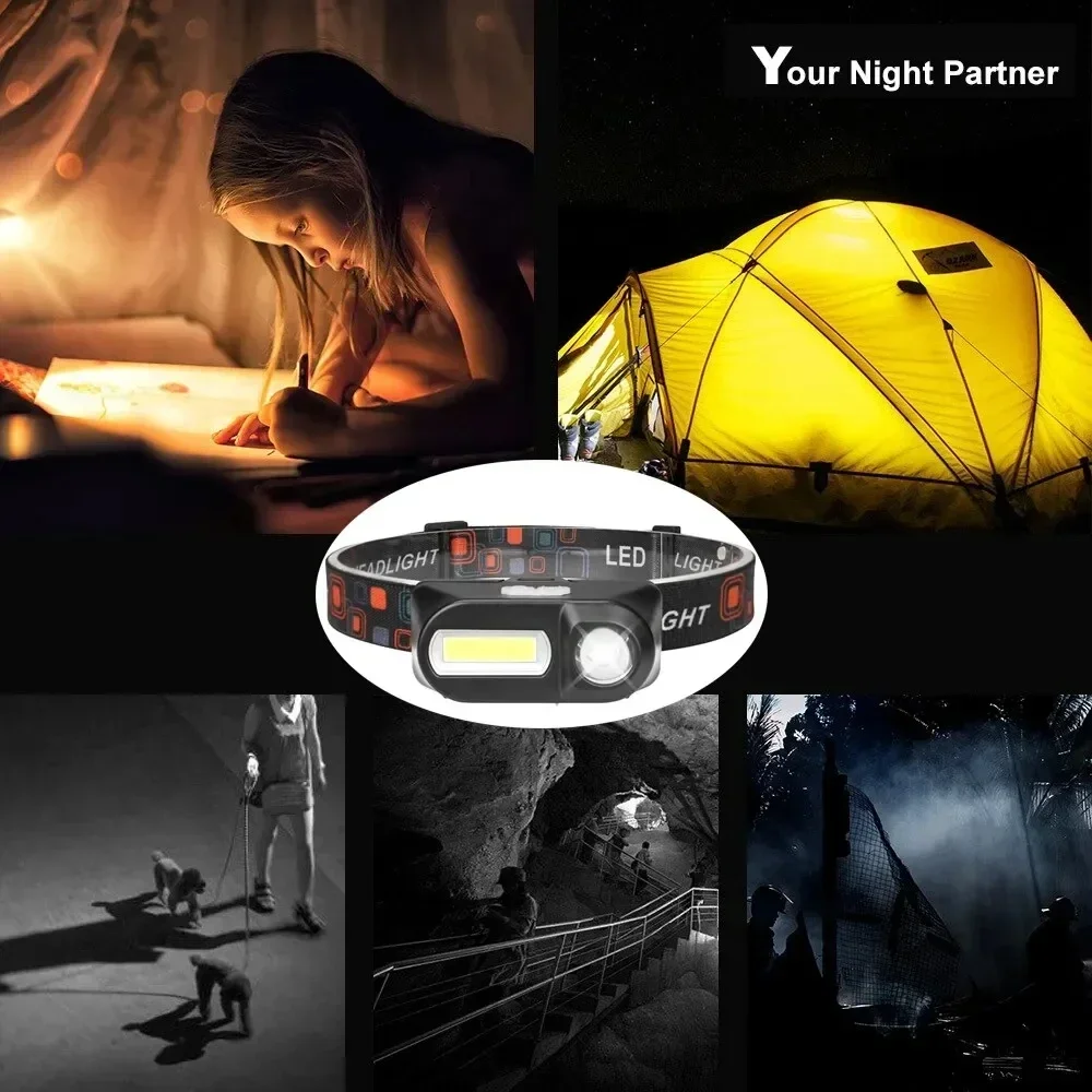 Potente linterna frontal COB + LED 18650 2000MaH, recargable, resistente al agua, linterna de cabeza brillante para acampar y ciclismo