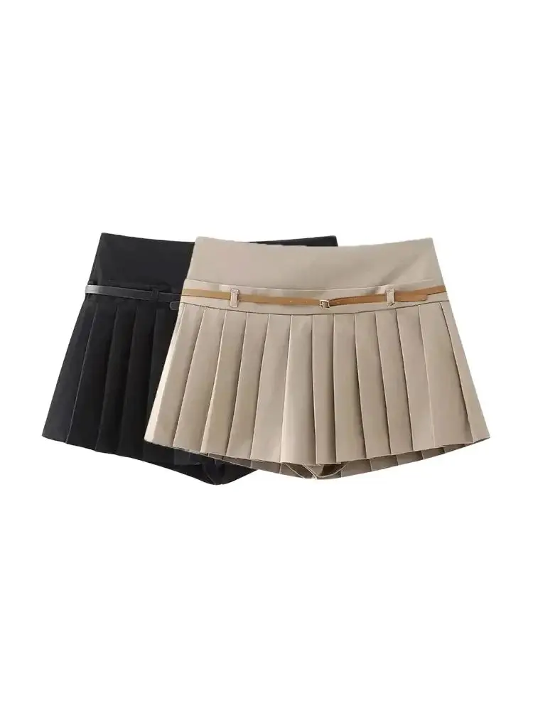 Pleated Shorts Skirts for Women With Belt, Side Zipper, Mid Waist, Female Skort, Chic Fashion