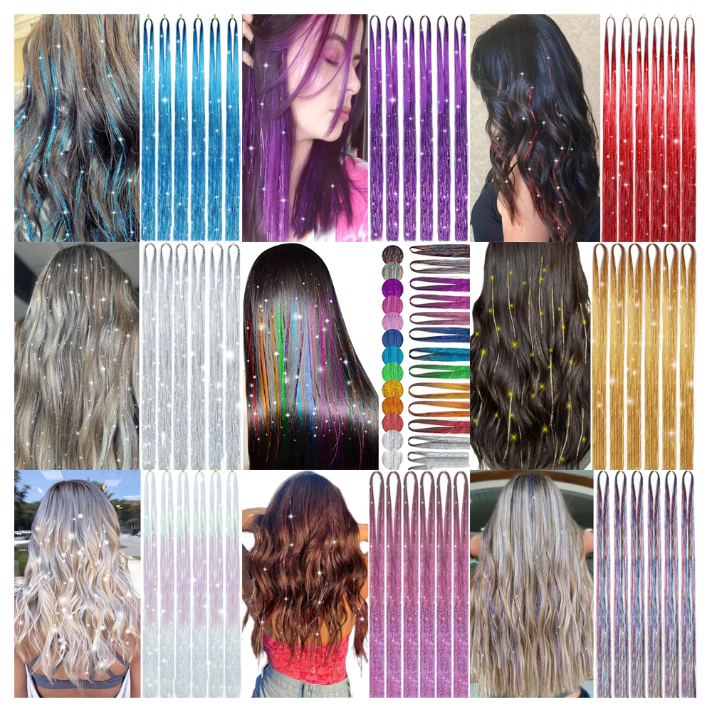 93/120 ซม.Sparkle สังเคราะห์ผม Tinsel สายรุ้งสี Strands หญิง Headwear Hairbinge ผมเลเซอร์ False Decor