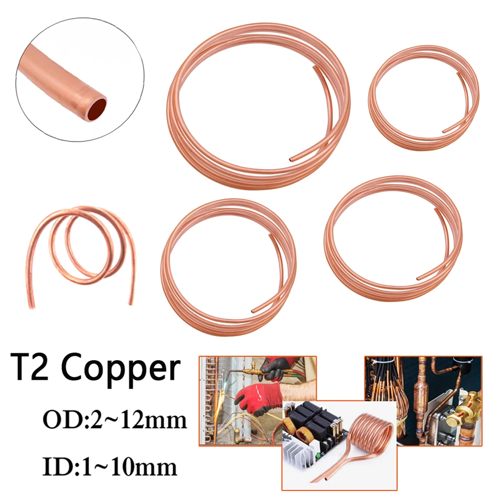 Bobina de tubo de cobre macio t2, 1 metro, od 2 ~ 12mm id 1 ~ 10mm, 99.9% cobre puro, tubo de ar, condicionador, resfriamento, artesanato diy